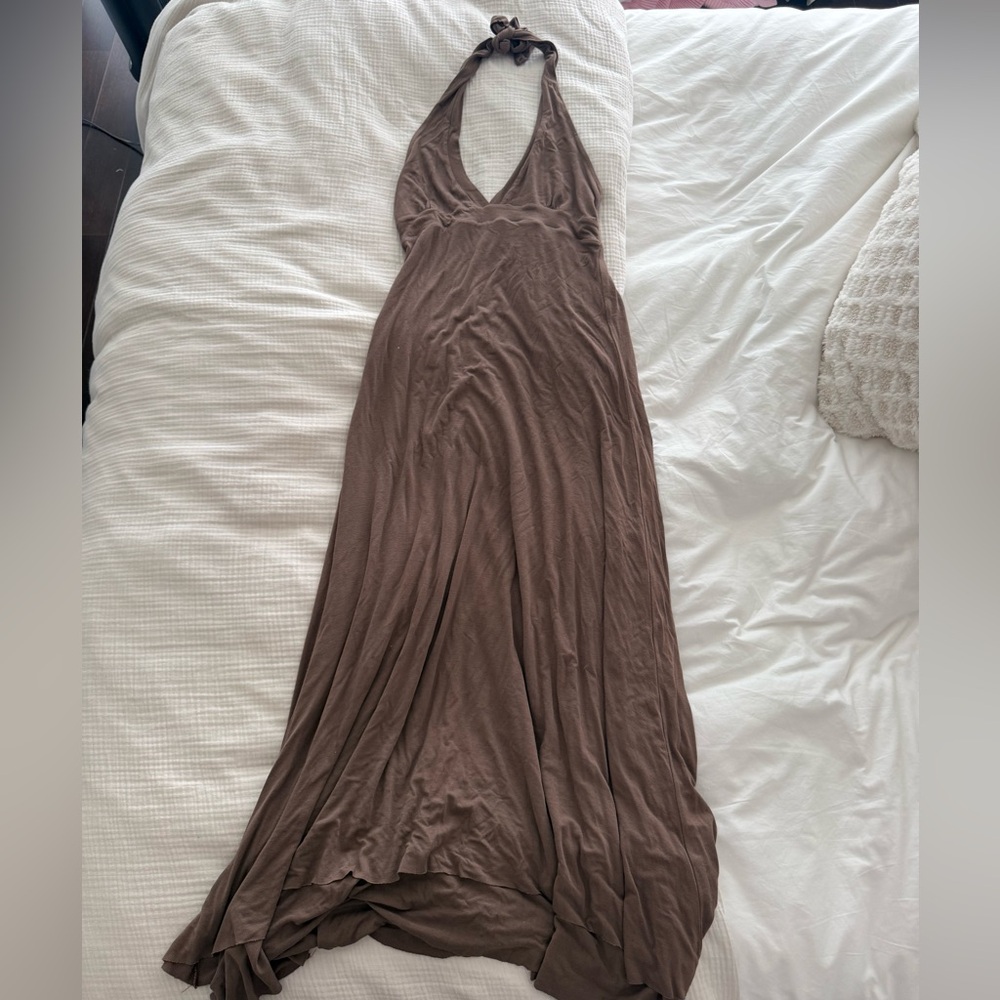 Brown Halter Maxi Dress - Sleeveless V-Neck